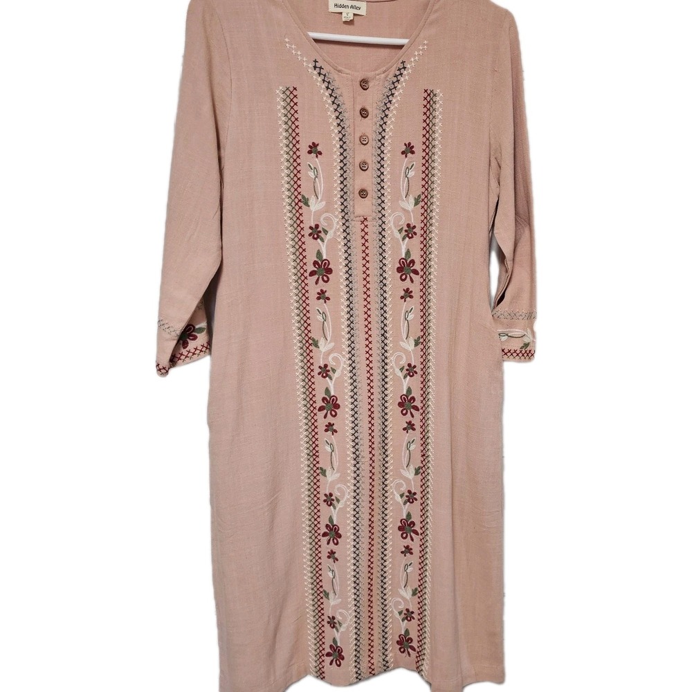 Womens Hidden Alley Soft Pink Embroidered Dress Linen Cotton Pockets Size Small